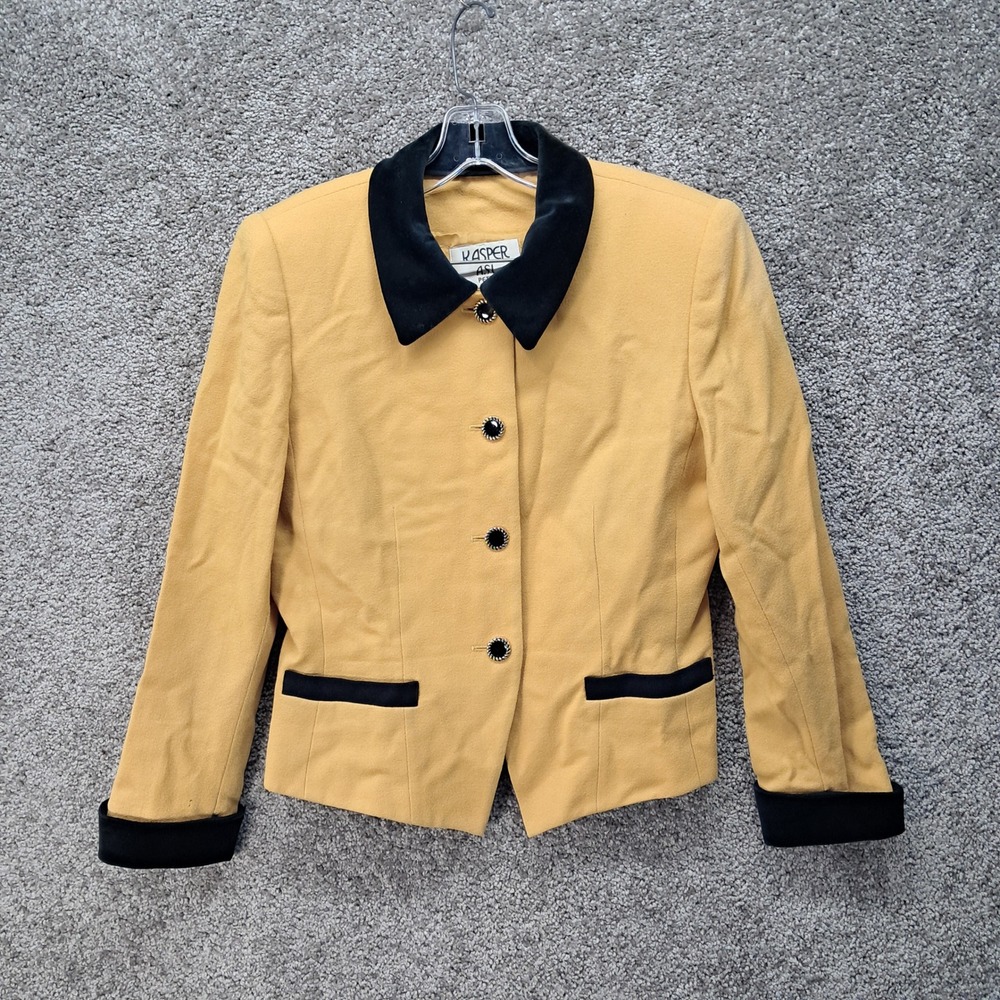 Kasper ASL Petite Mustard Yellow Wool Blazer Velvet Collar Vintage Size 8P